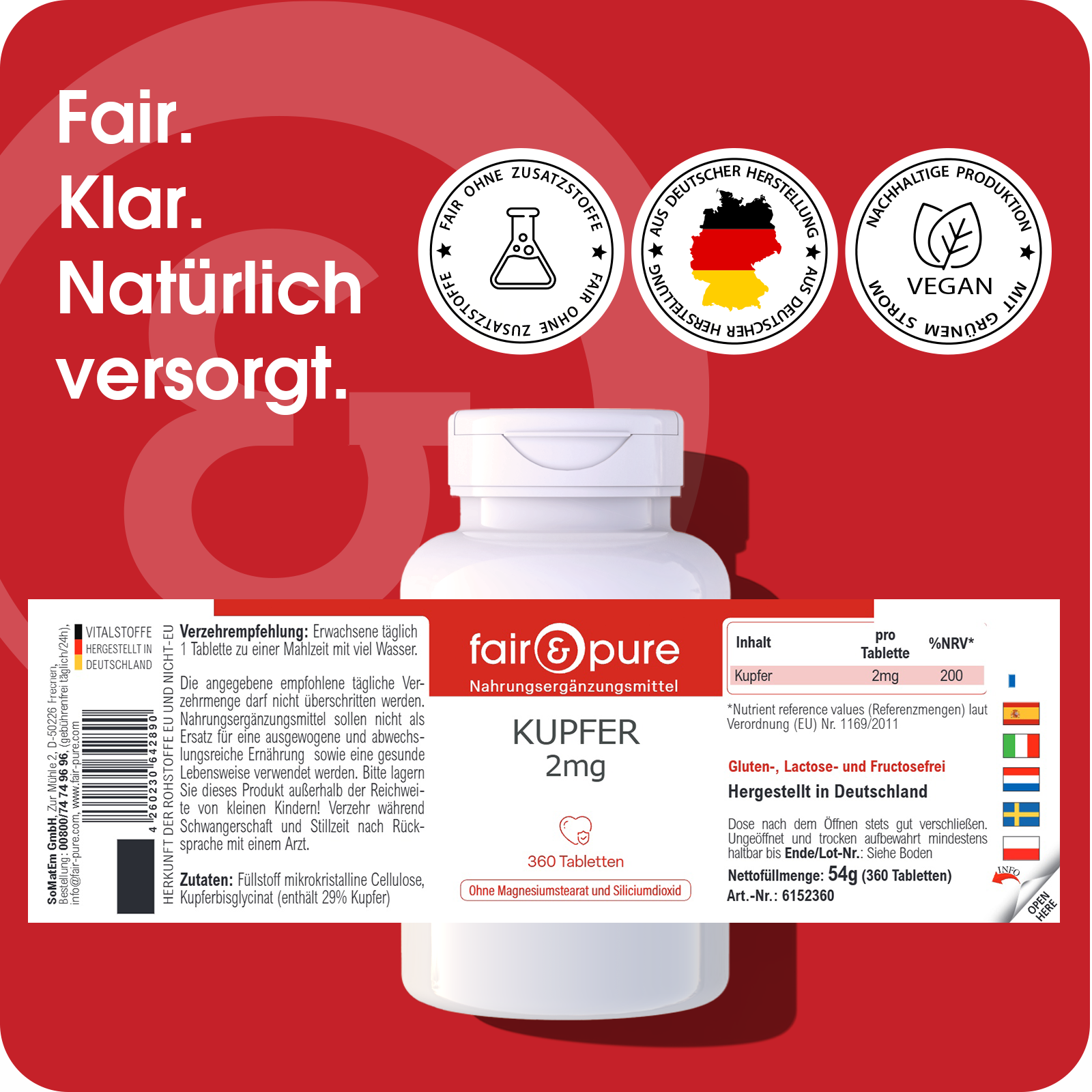 Kupfer 2mg - 360 Tabletten | fair-pure