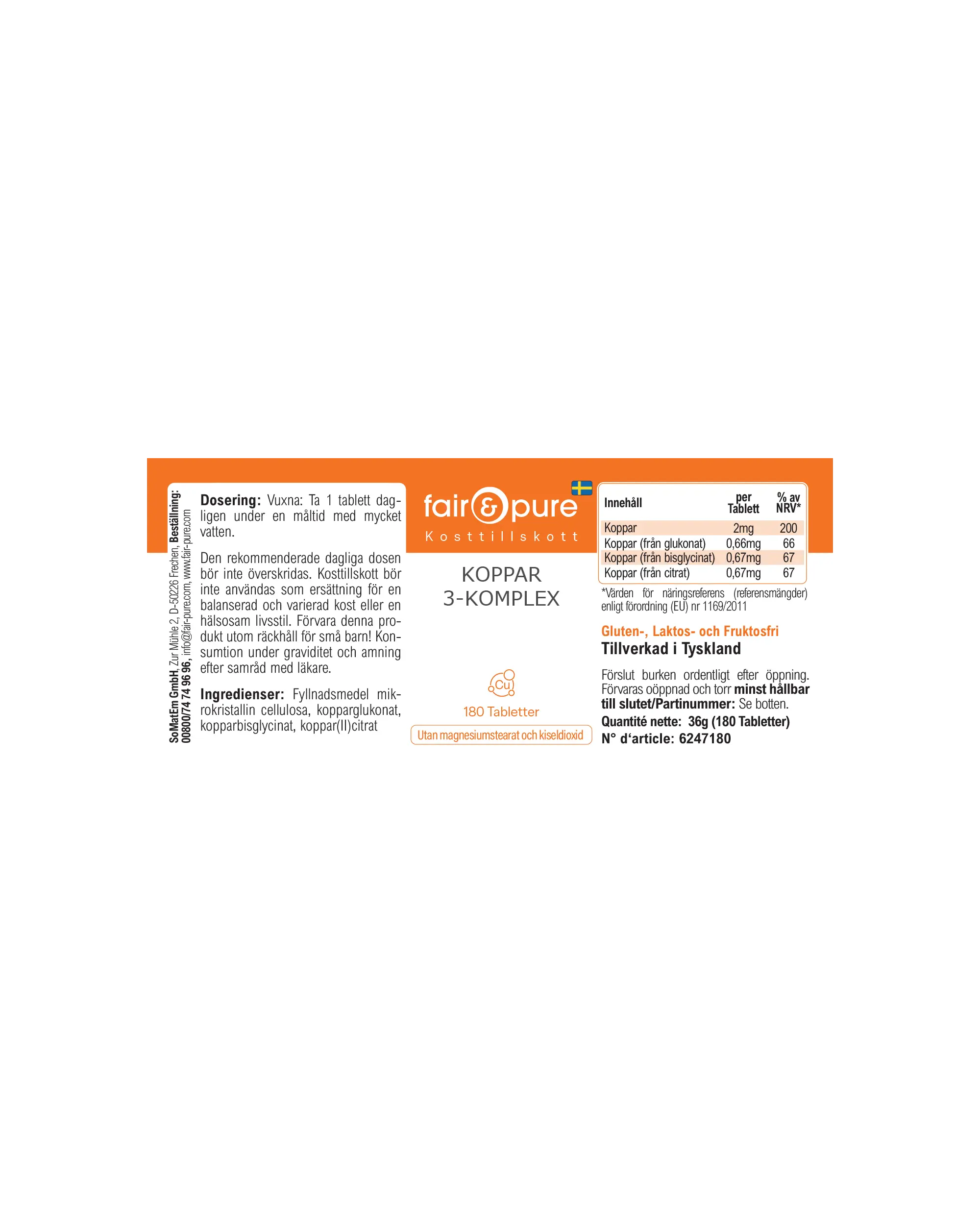 Cuivre Complexe 3 – 180 Comprimés – Plus de 100 % de l'apport quotidien | Fair & Pure