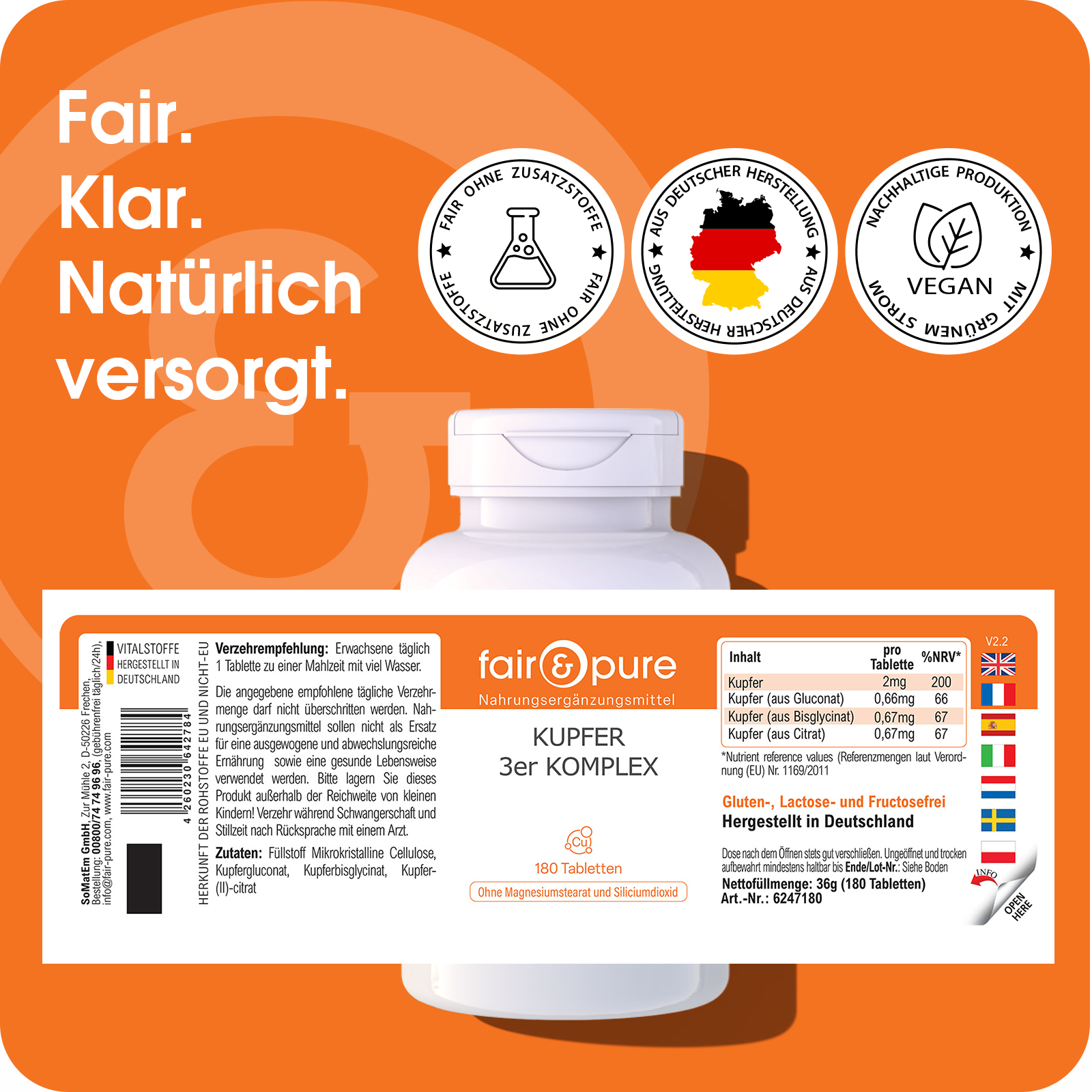 Cuivre Complexe 3 – 180 Comprimés – Plus de 100 % de l'apport quotidien | Fair & Pure