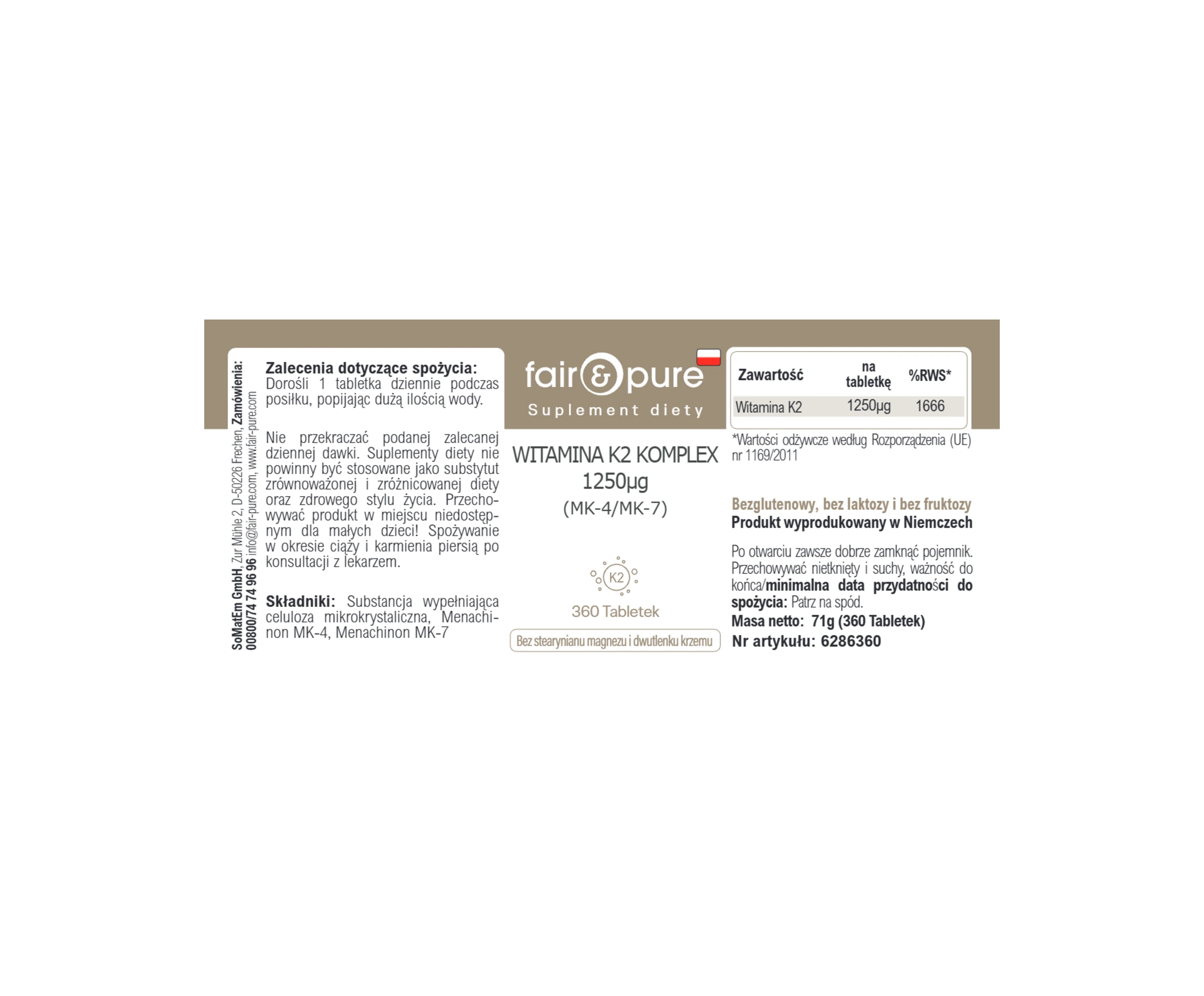 COMPLESSO DI VITAMINA K2 1.250µg (MK-4/MK-7) - 360 Compresse | fair-pure