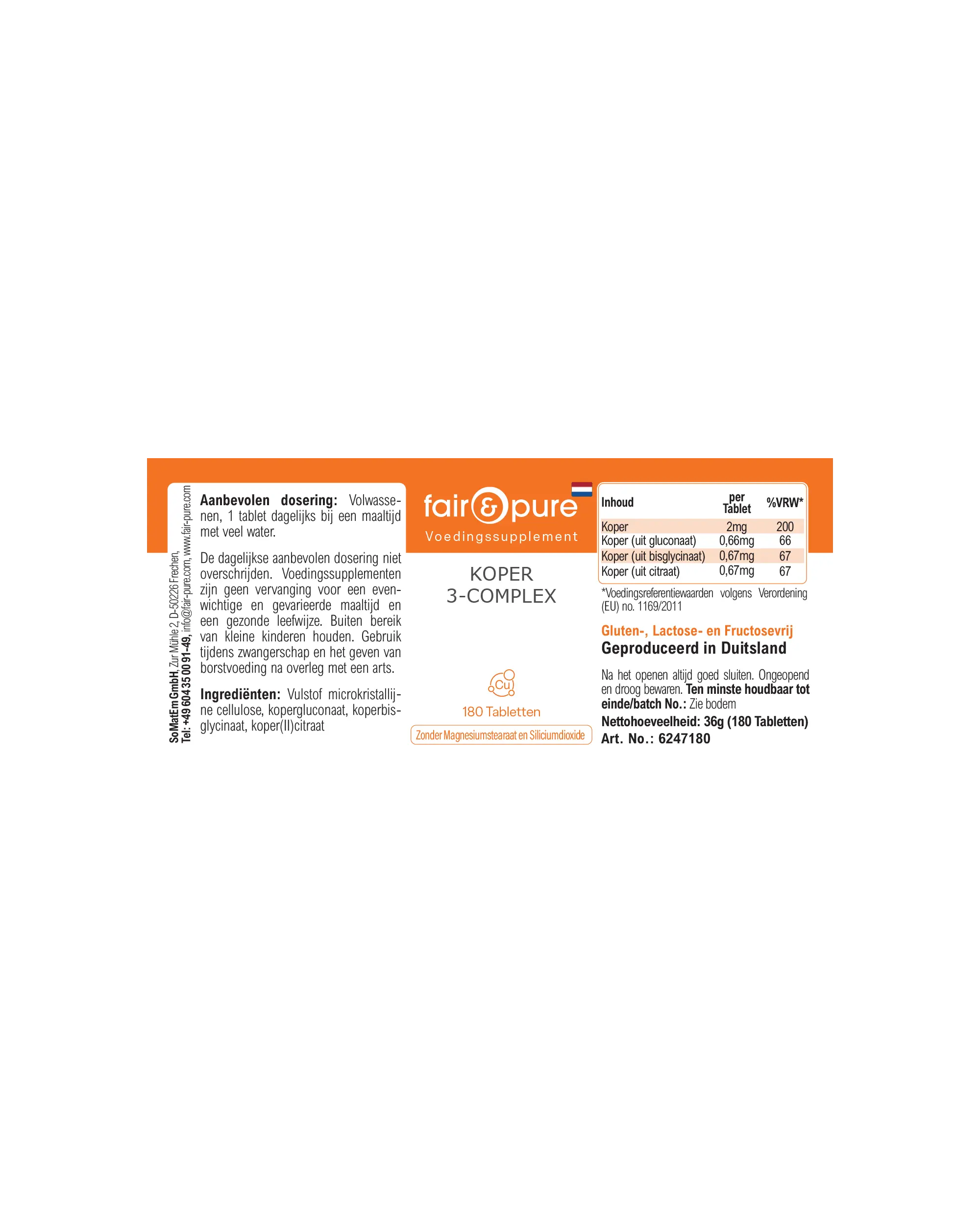 Cuivre Complexe 3 – 180 Comprimés – Plus de 100 % de l'apport quotidien | Fair & Pure