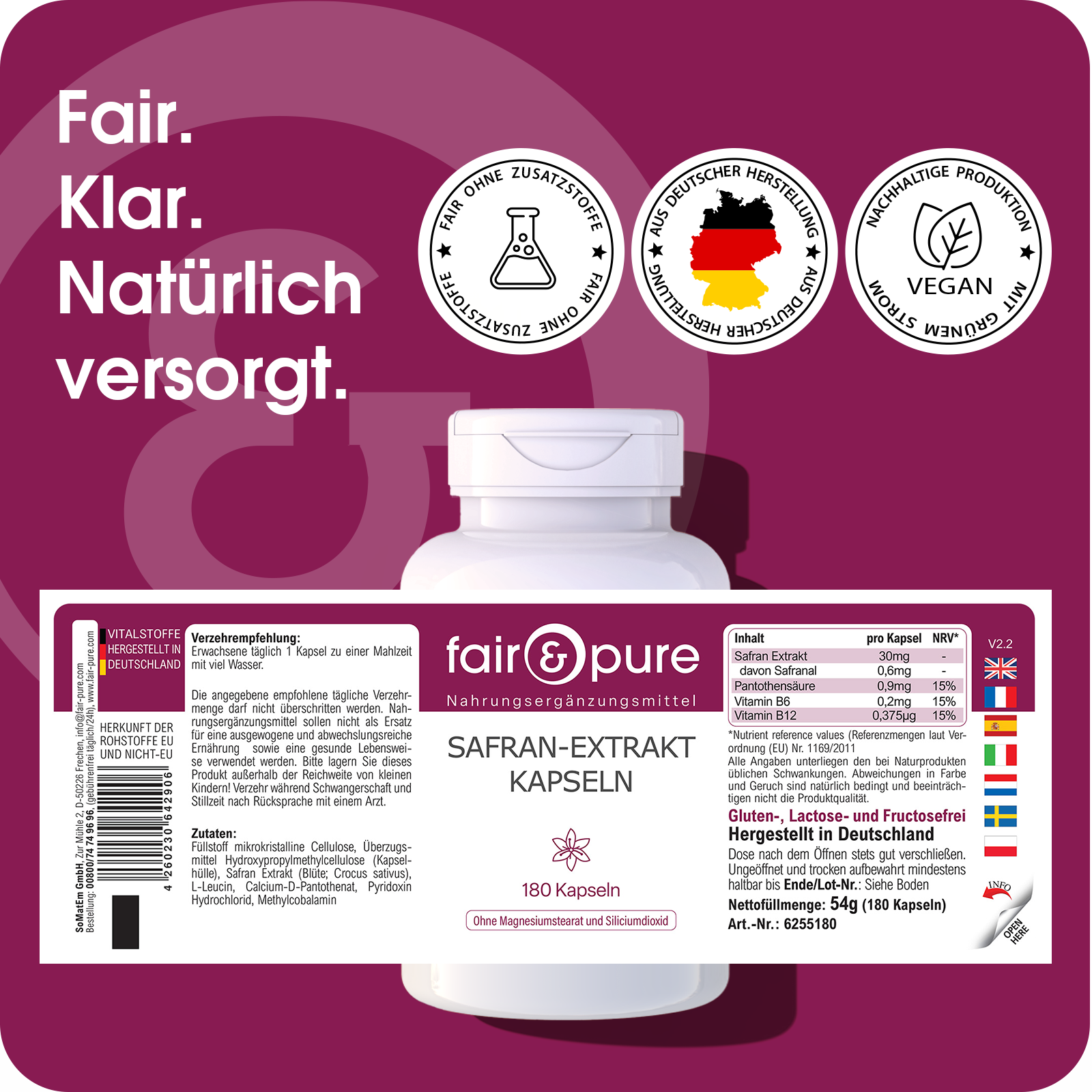 Capsule di estratto di zafferano - 180 capsule - con vitamine B5, B6 e B12 | fair-pure