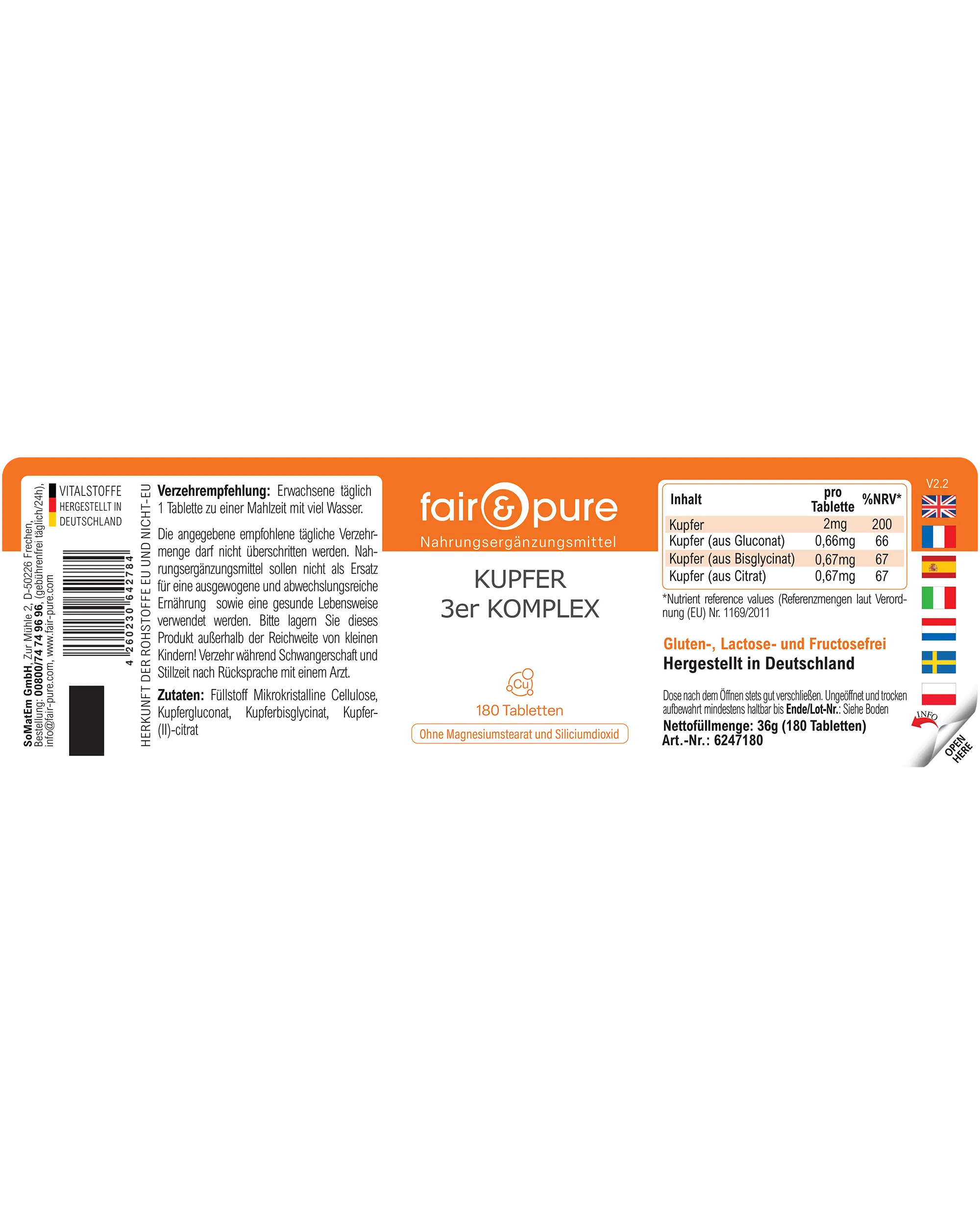 Cuivre Complexe 3 – 180 Comprimés – Plus de 100 % de l'apport quotidien | Fair & Pure