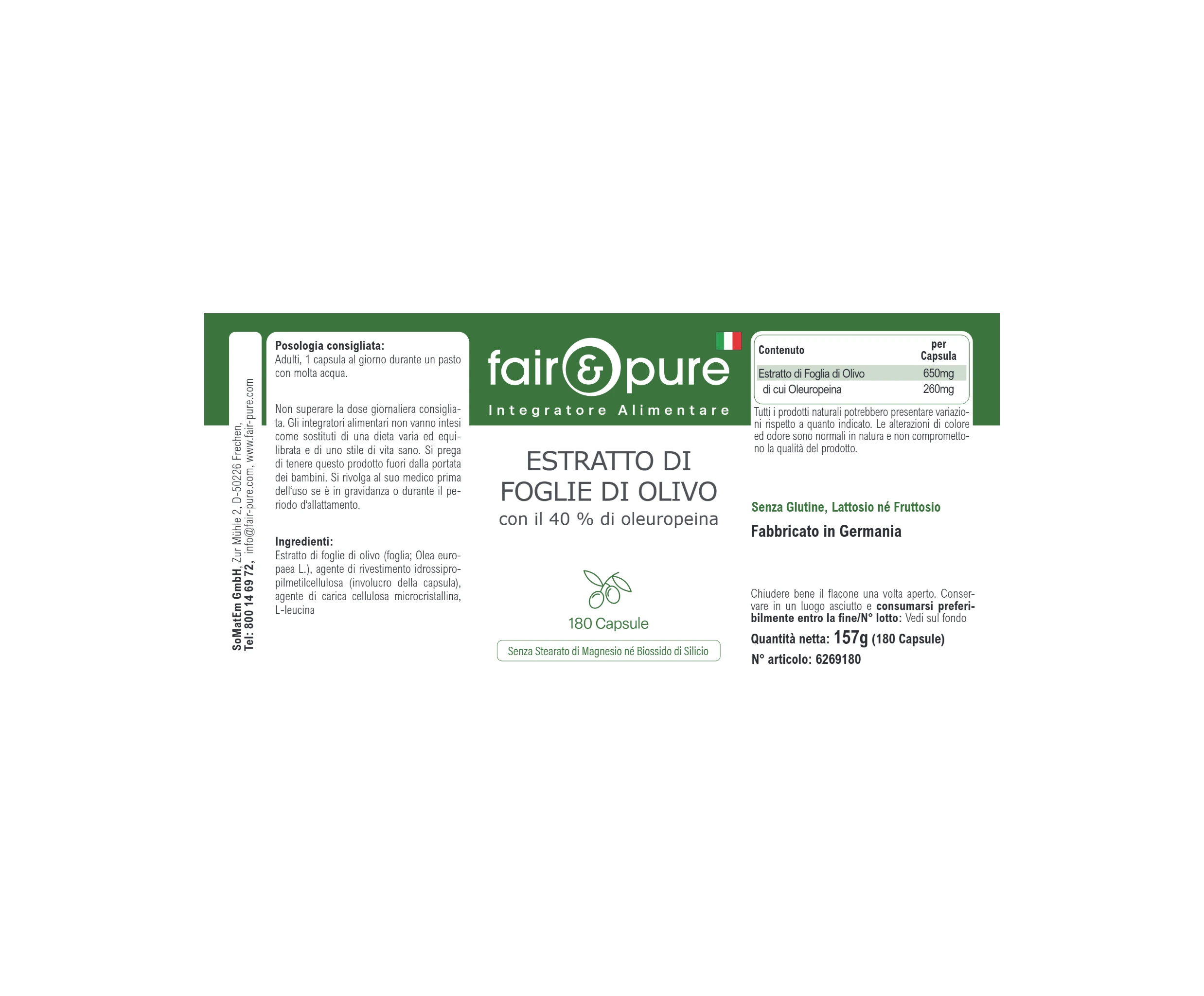 Estratto di foglia d’olivo con 40% di oleuropeina - 180 capsule | fair-pure