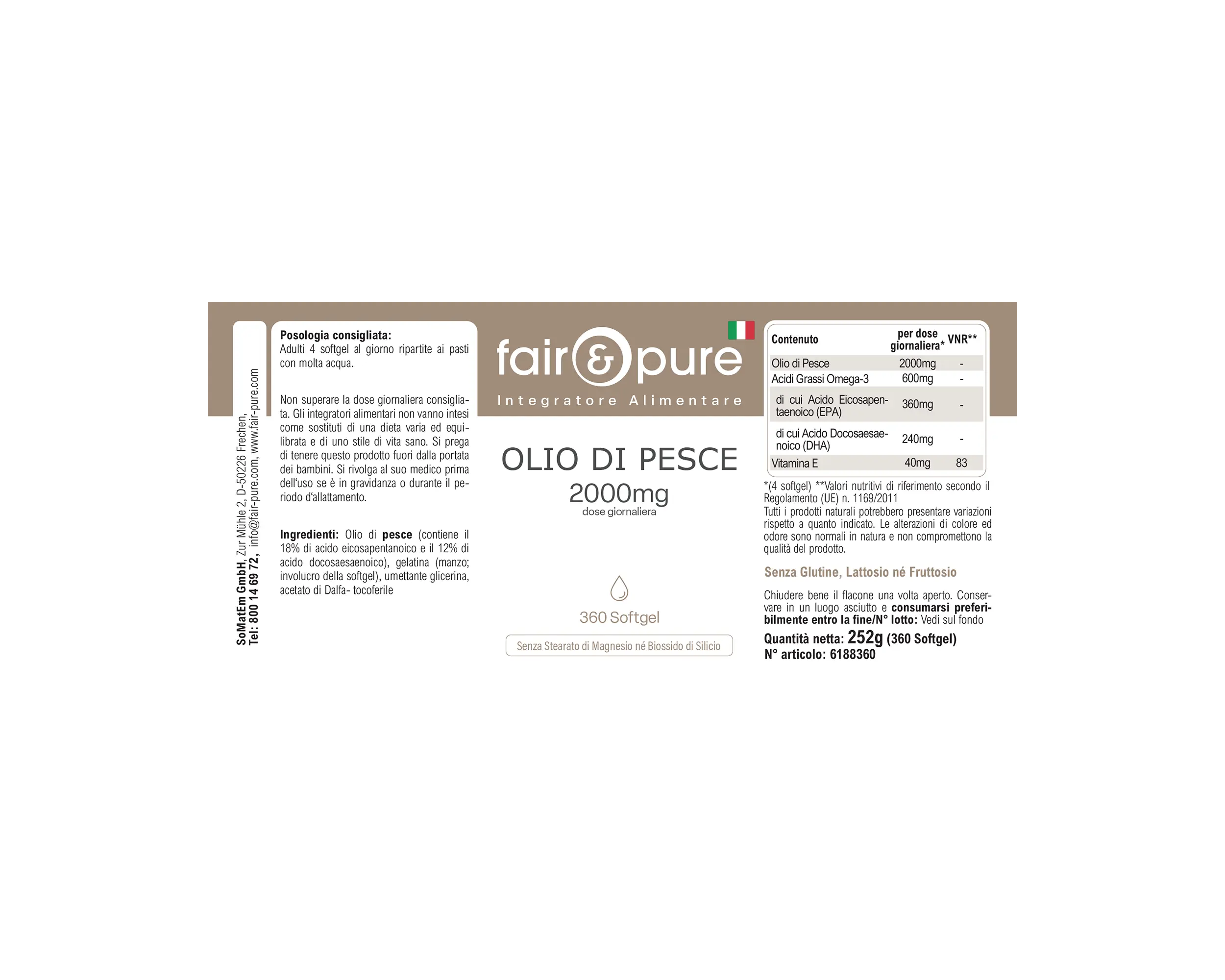 Olio di pesce 2000 mg - 360 softgel - con vitamina E | fair-pure