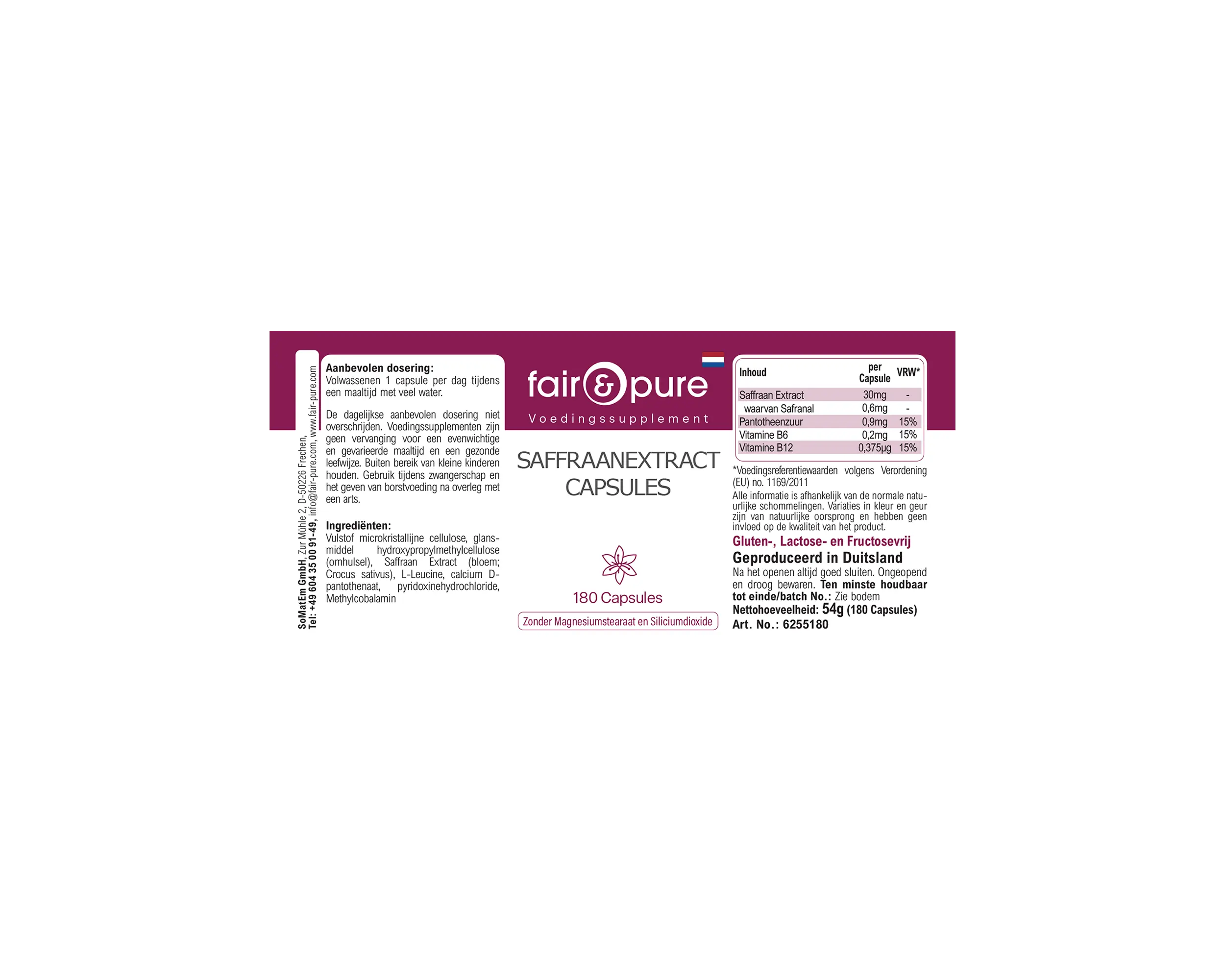 Capsule di estratto di zafferano - 180 capsule - con vitamine B5, B6 e B12 | fair-pure