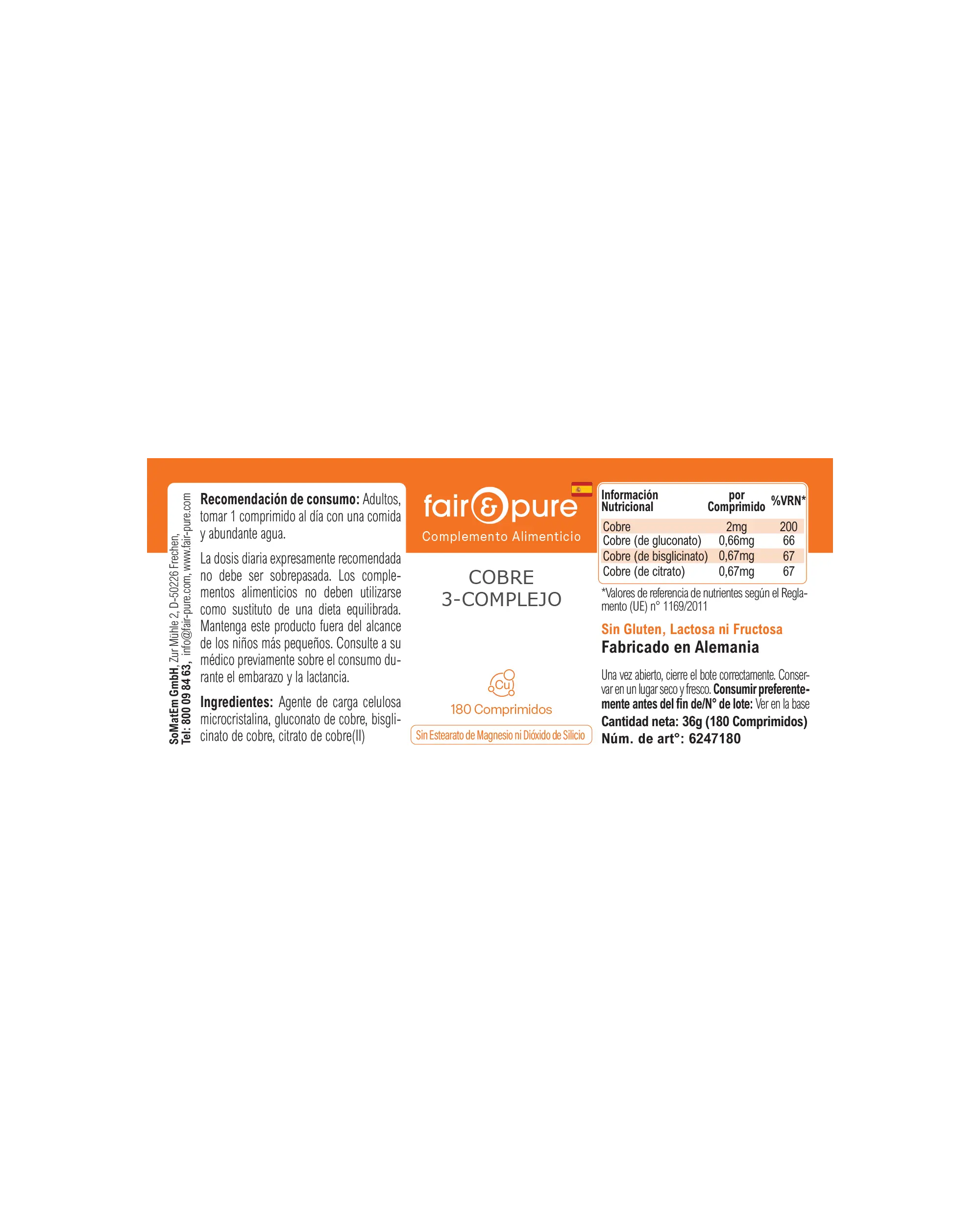 Cuivre Complexe 3 – 180 Comprimés – Plus de 100 % de l'apport quotidien | Fair & Pure