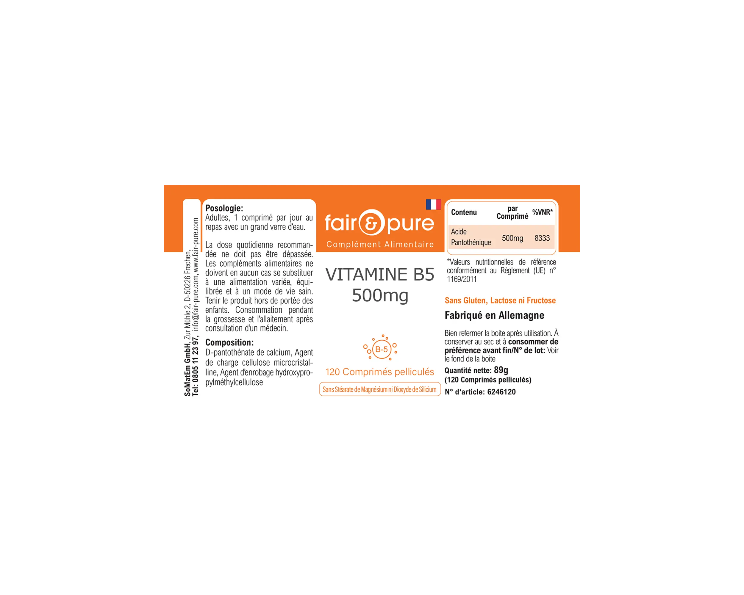 Vitamin B5 500mg - 120 Filmtabletten - schluckfreundlich | fair-pure