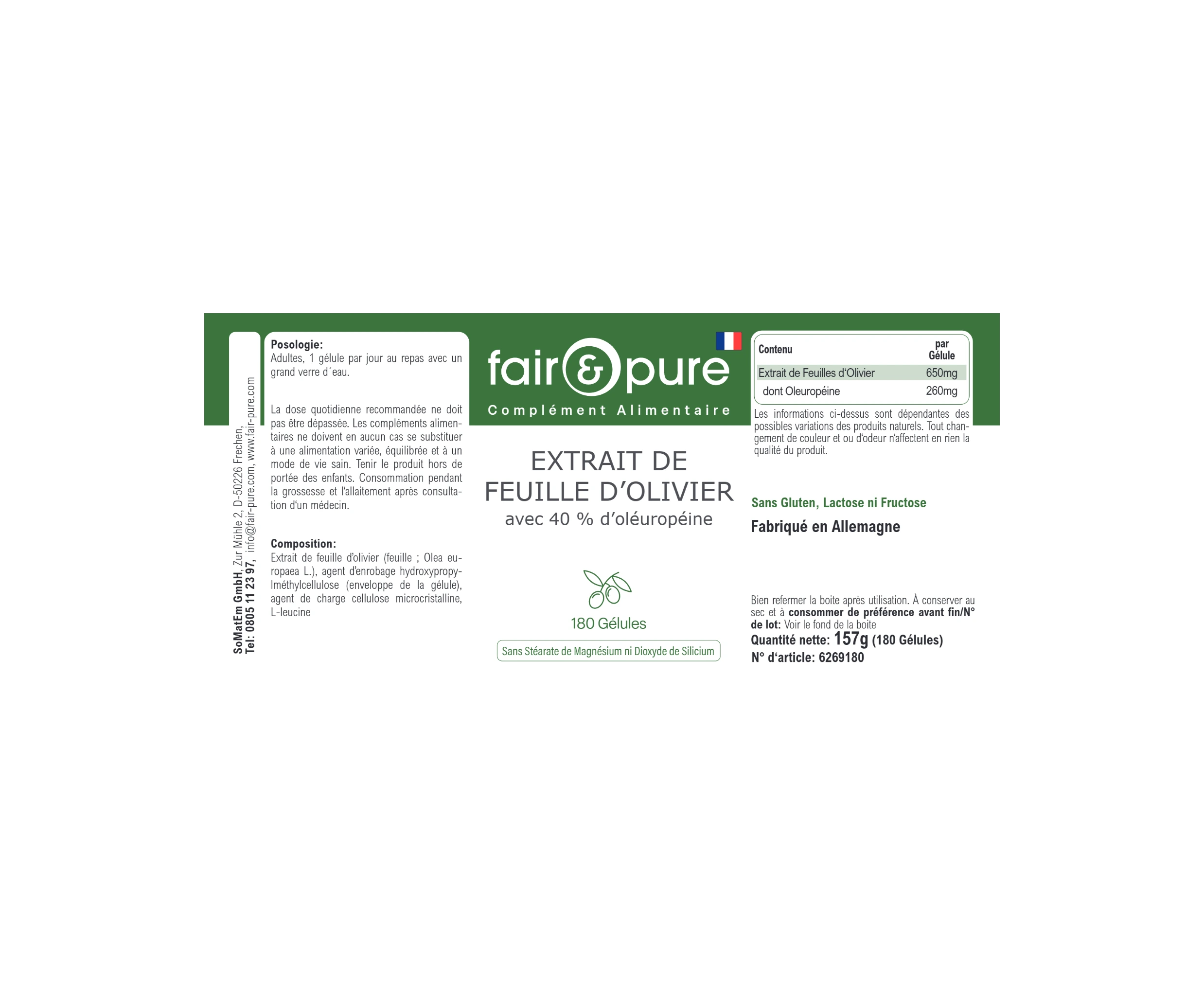 Estratto di foglia d’olivo con 40% di oleuropeina - 180 capsule | fair-pure
