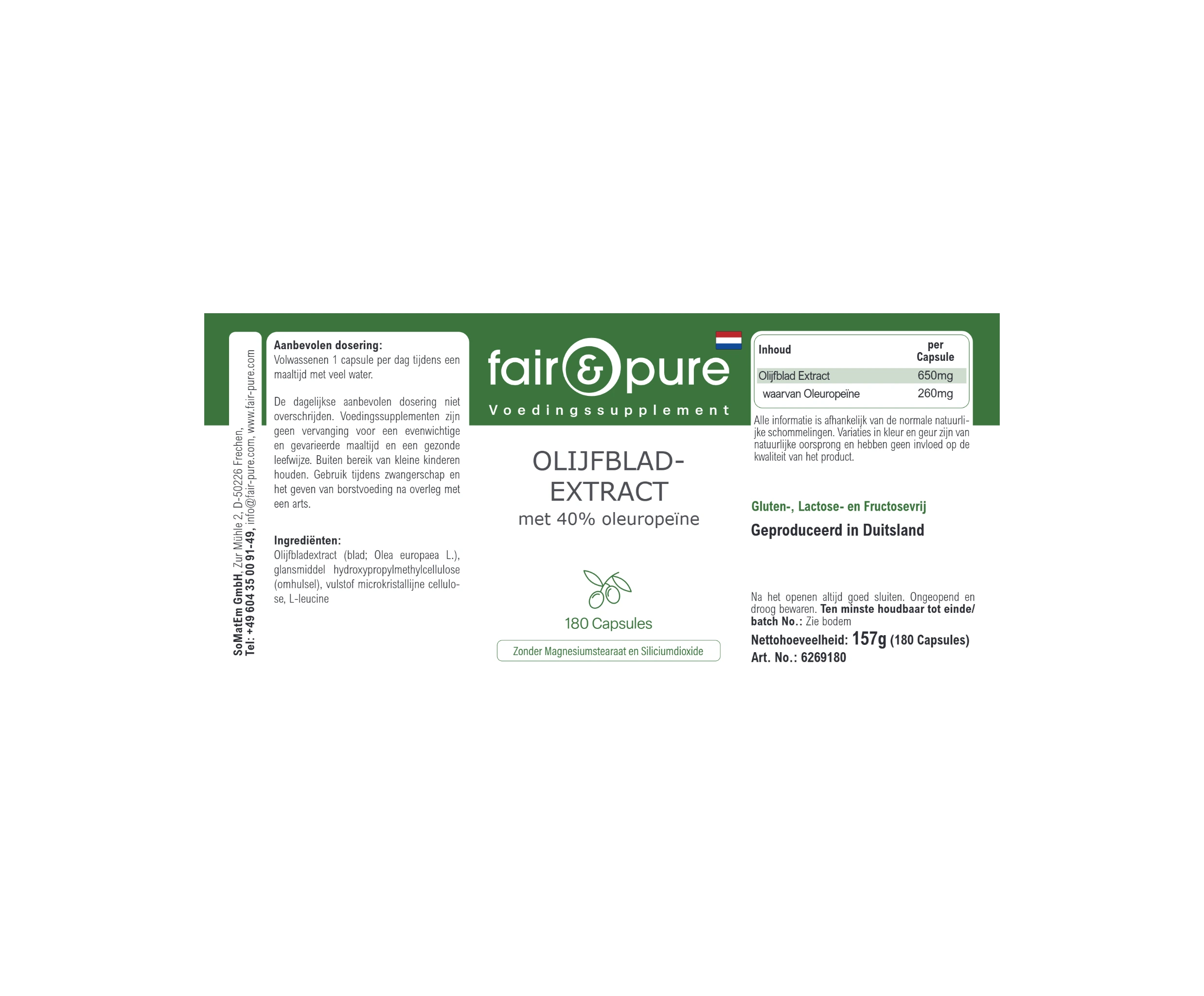 Estratto di foglia d’olivo con 40% di oleuropeina - 180 capsule | fair-pure