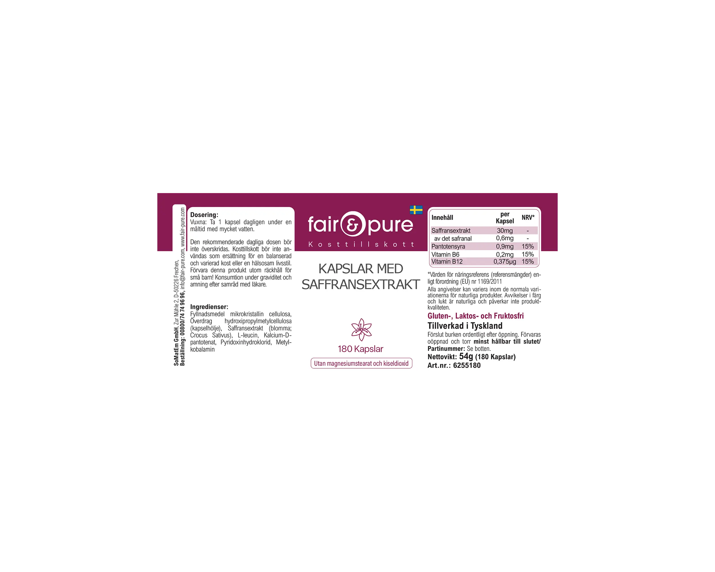 Capsule di estratto di zafferano - 180 capsule - con vitamine B5, B6 e B12 | fair-pure