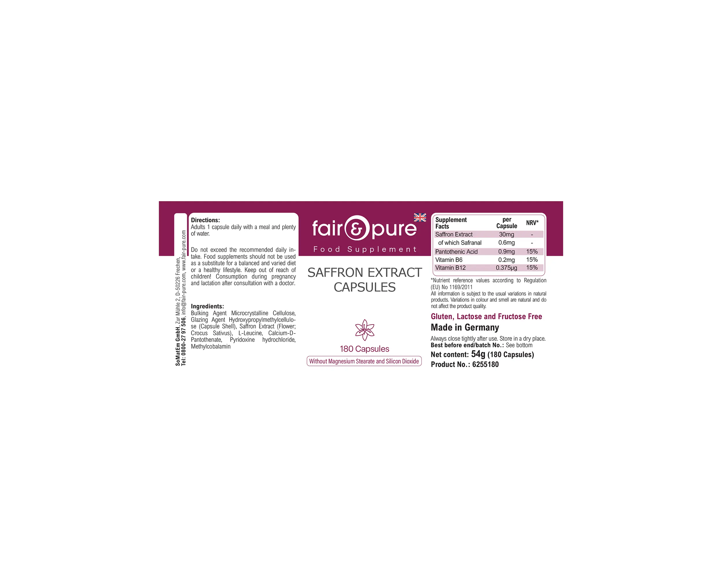 Capsule di estratto di zafferano - 180 capsule - con vitamine B5, B6 e B12 | fair-pure