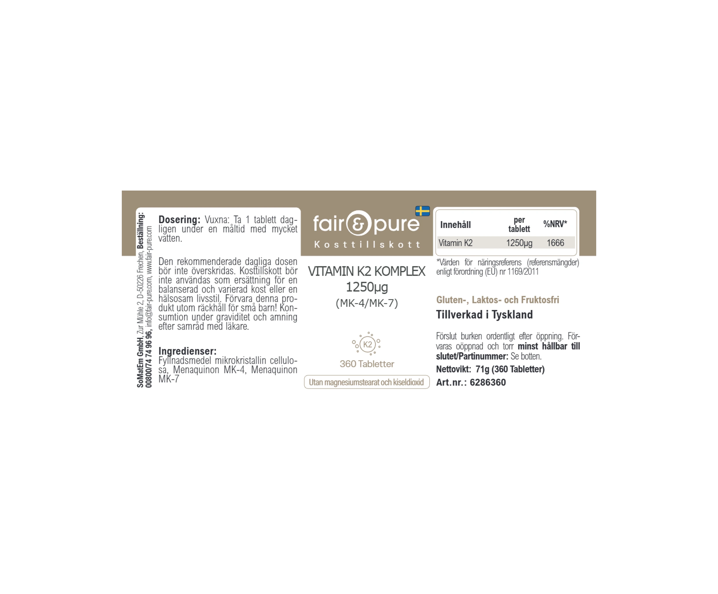 COMPLESSO DI VITAMINA K2 1.250µg (MK-4/MK-7) - 360 Compresse | fair-pure
