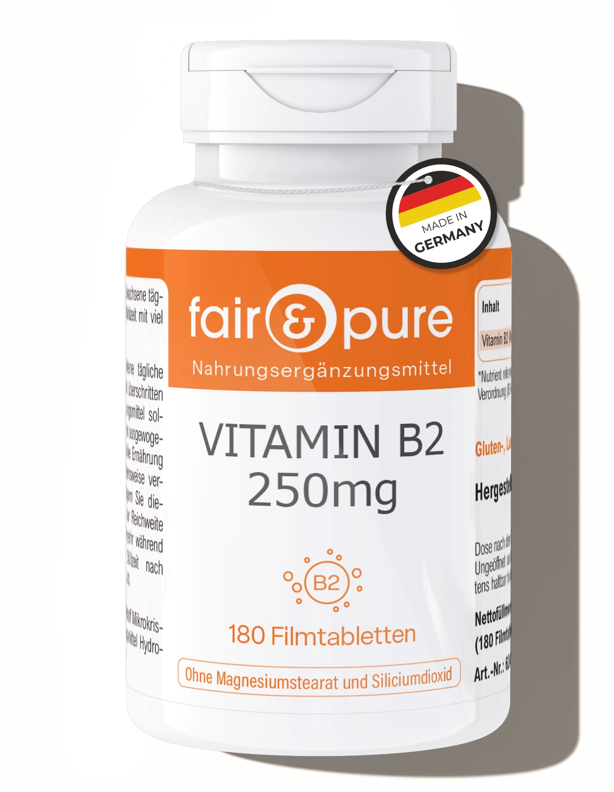 Vitamin B2 250mg - 180 Filmtabletten - vollständige Tagesabdeckung - schluckfreundlich | fair-pure