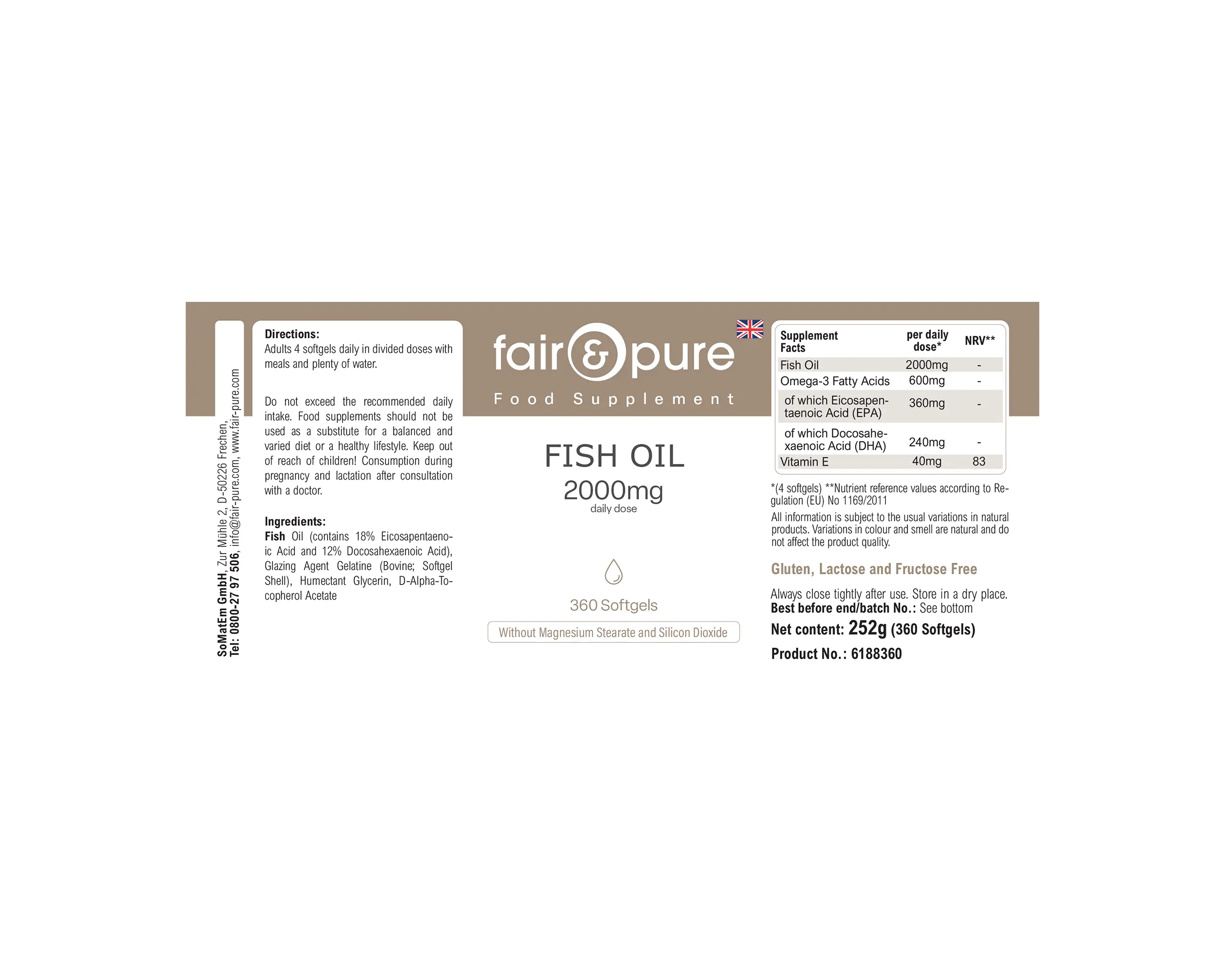 Olio di pesce 2000 mg - 360 softgel - con vitamina E | fair-pure