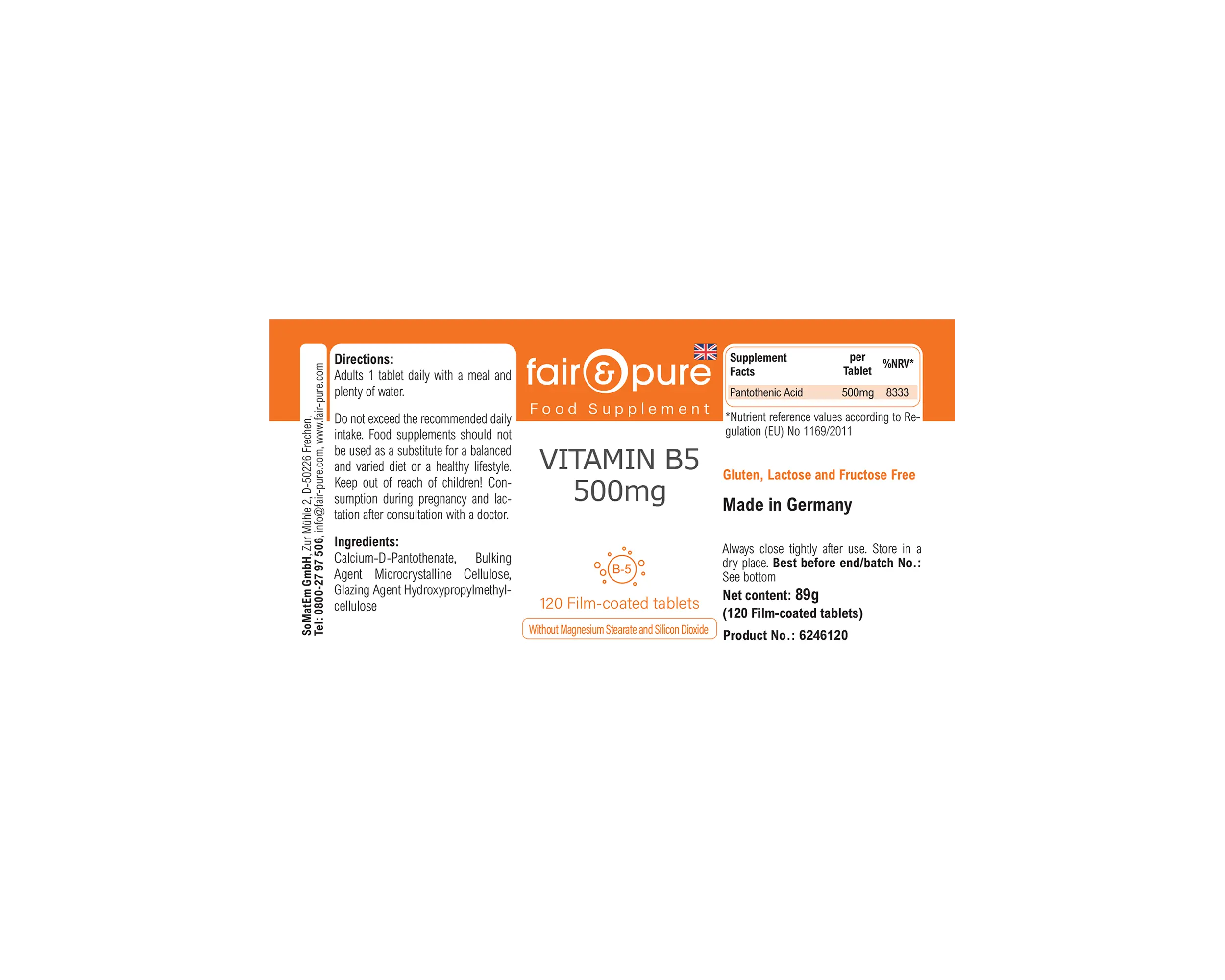 Vitamin B5 500mg - 120 Filmtabletten - schluckfreundlich | fair-pure