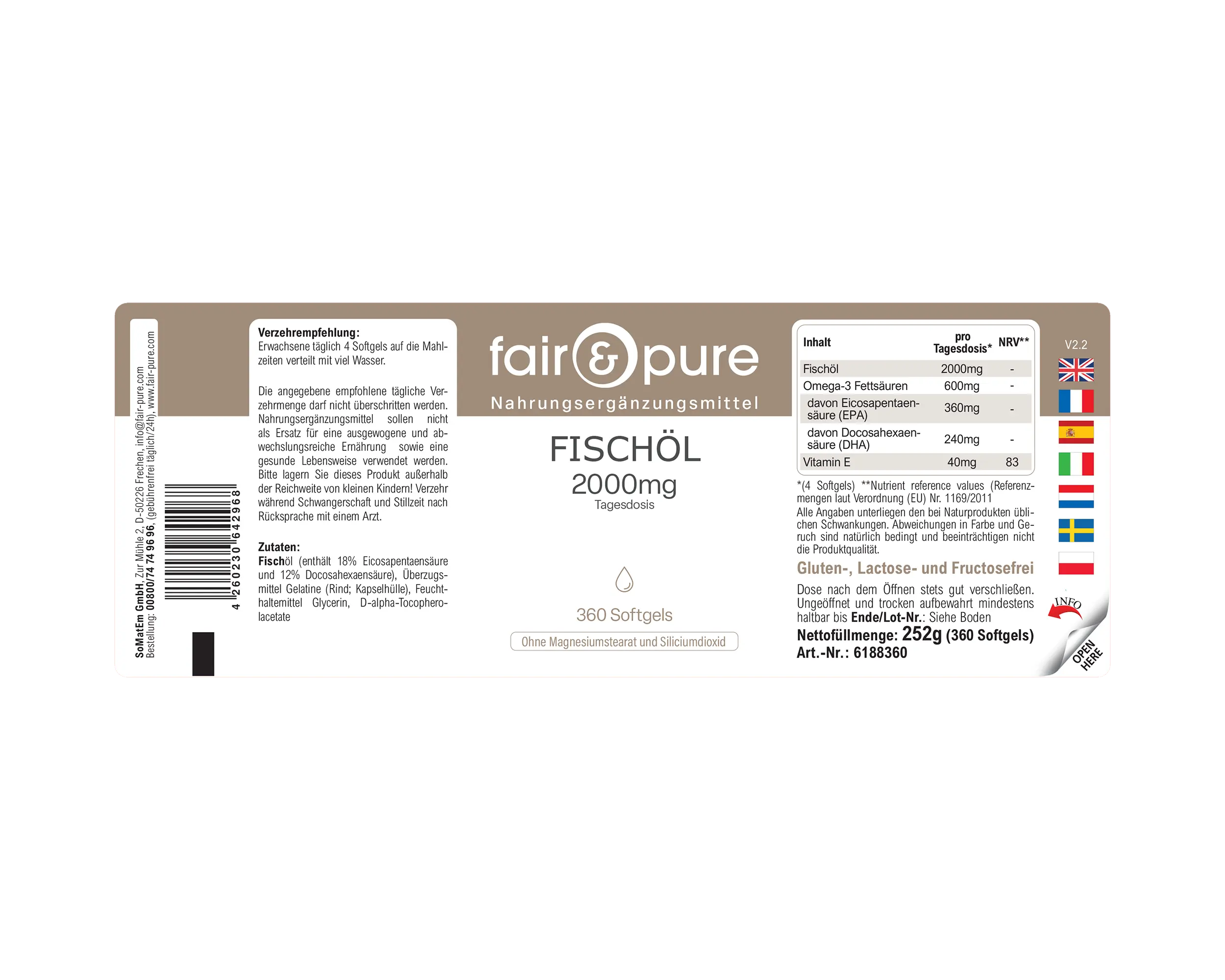 Olio di pesce 2000 mg - 360 softgel - con vitamina E | fair-pure
